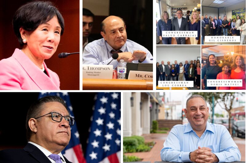(L-R — clockwise): Rep. Doris Matsui (D-CA); Rep. Lou Correa (D-CA); League-hosted meeting with Cisneros and congressional candidates; the Honorable Gil Cisneros; and Salud Carbajal (D-CA).